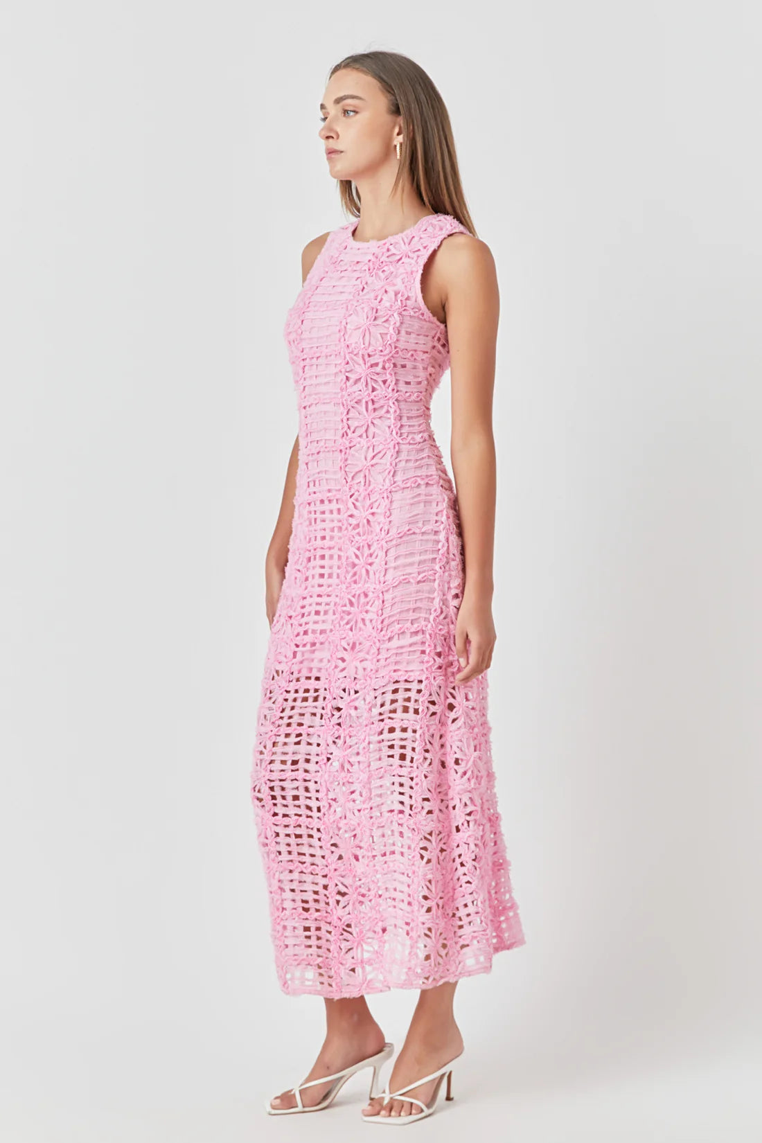 Sleeveless textured midi dress in barbie pink