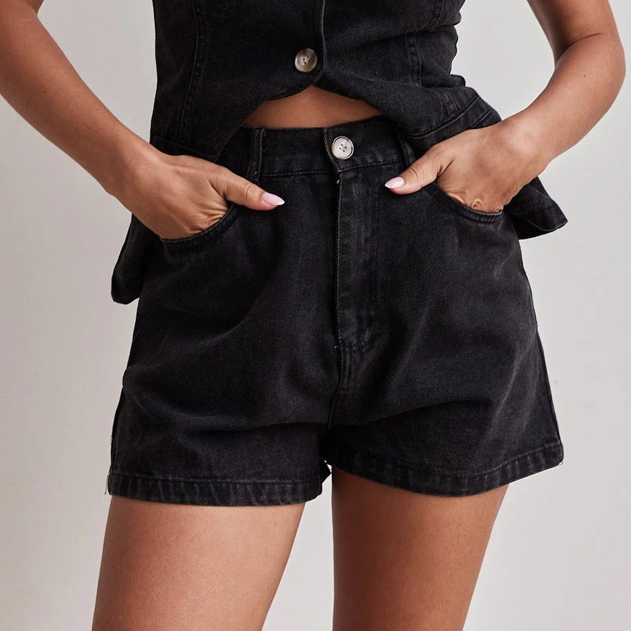 Denim short set in black