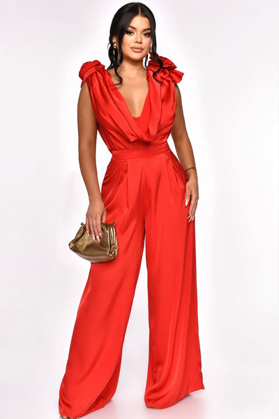 Vanina 3D floral applique jumpsuit in red