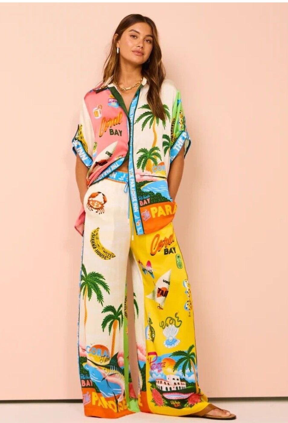 Tropical satin pant set