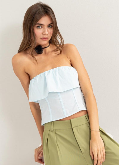 Strapless poplin ruffle top