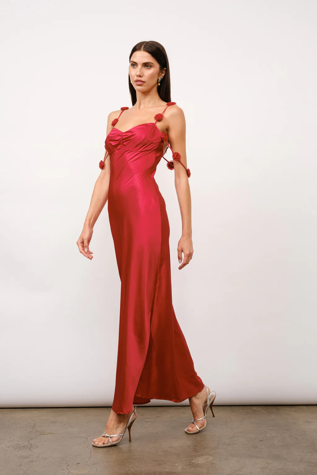 Rosette satin maxi dress