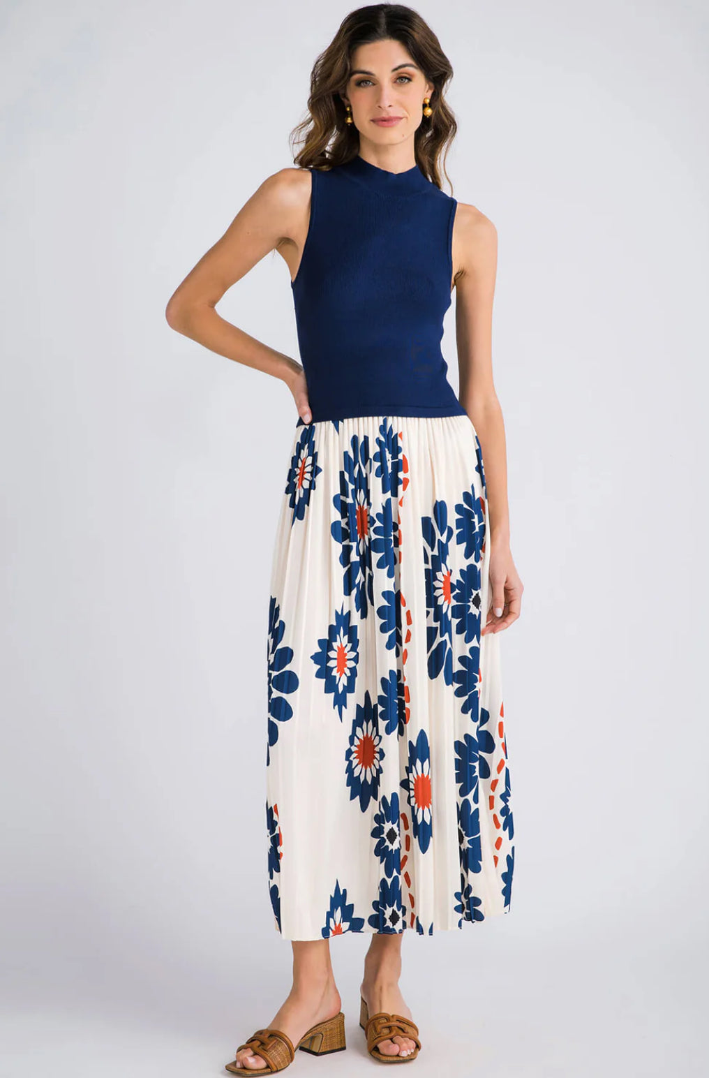 Printed pleated midi dress