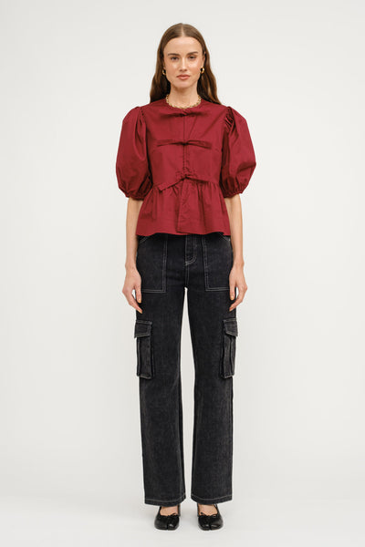 Norah poplin top in burgundy