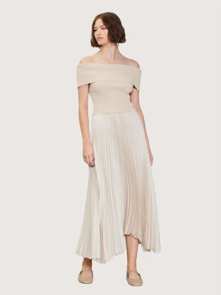 Bernie off shoulder pleated dress in natural