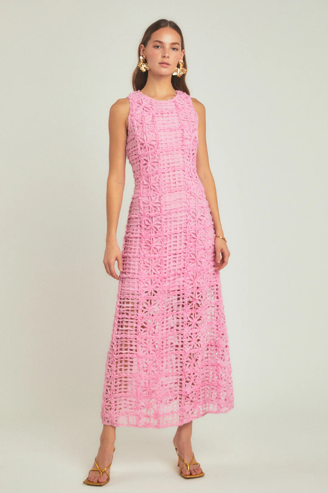 Sleeveless textured midi dress in barbie pink