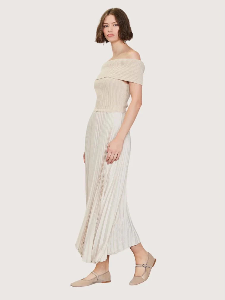 Bernie off shoulder pleated dress in natural