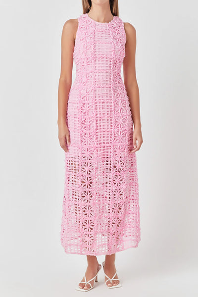 Sleeveless textured midi dress in barbie pink