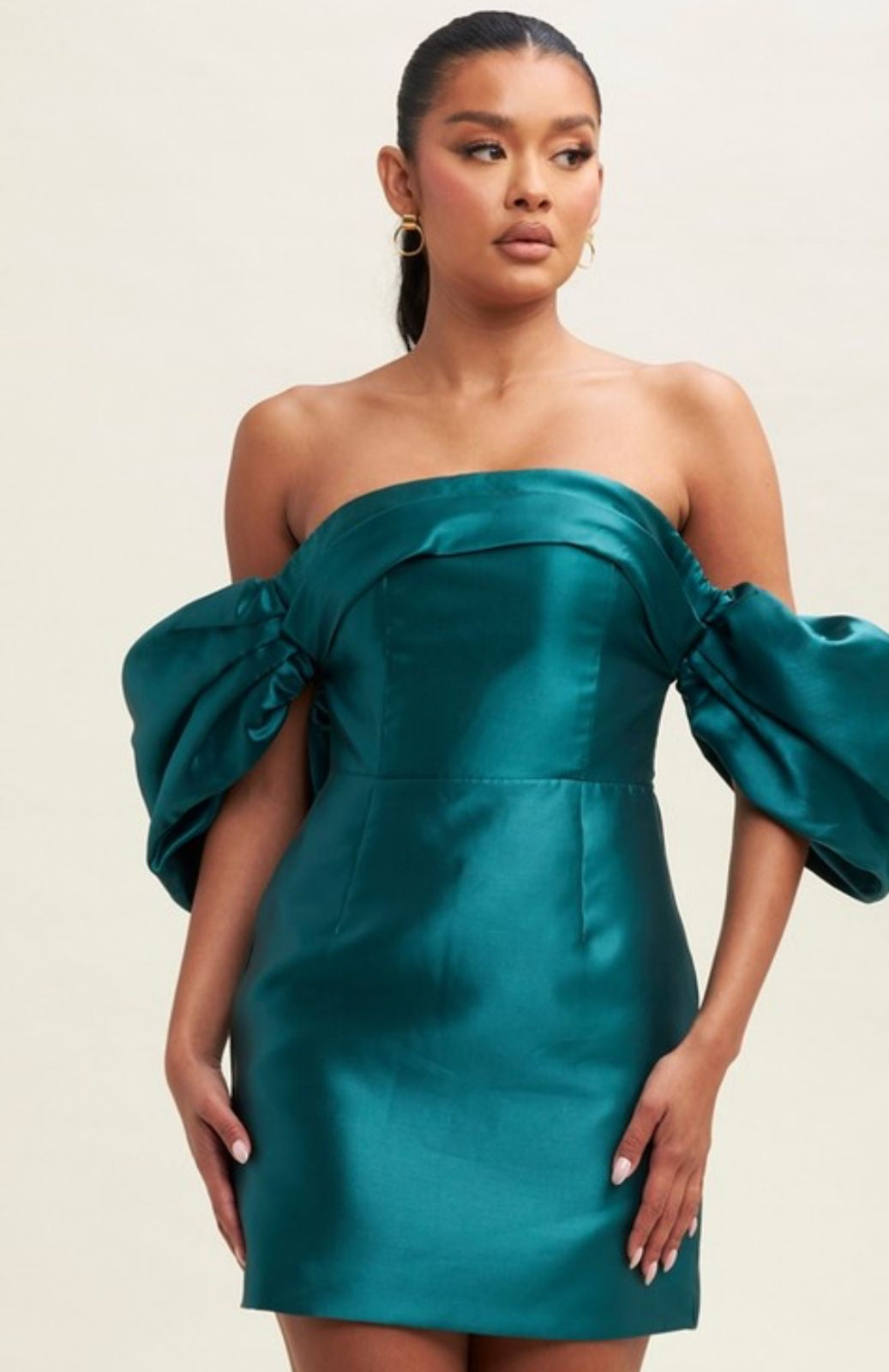 Elina off shoulder mini dress in hunter green