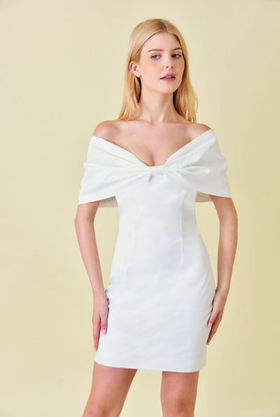 Issey off shoulder bow mini dress in white