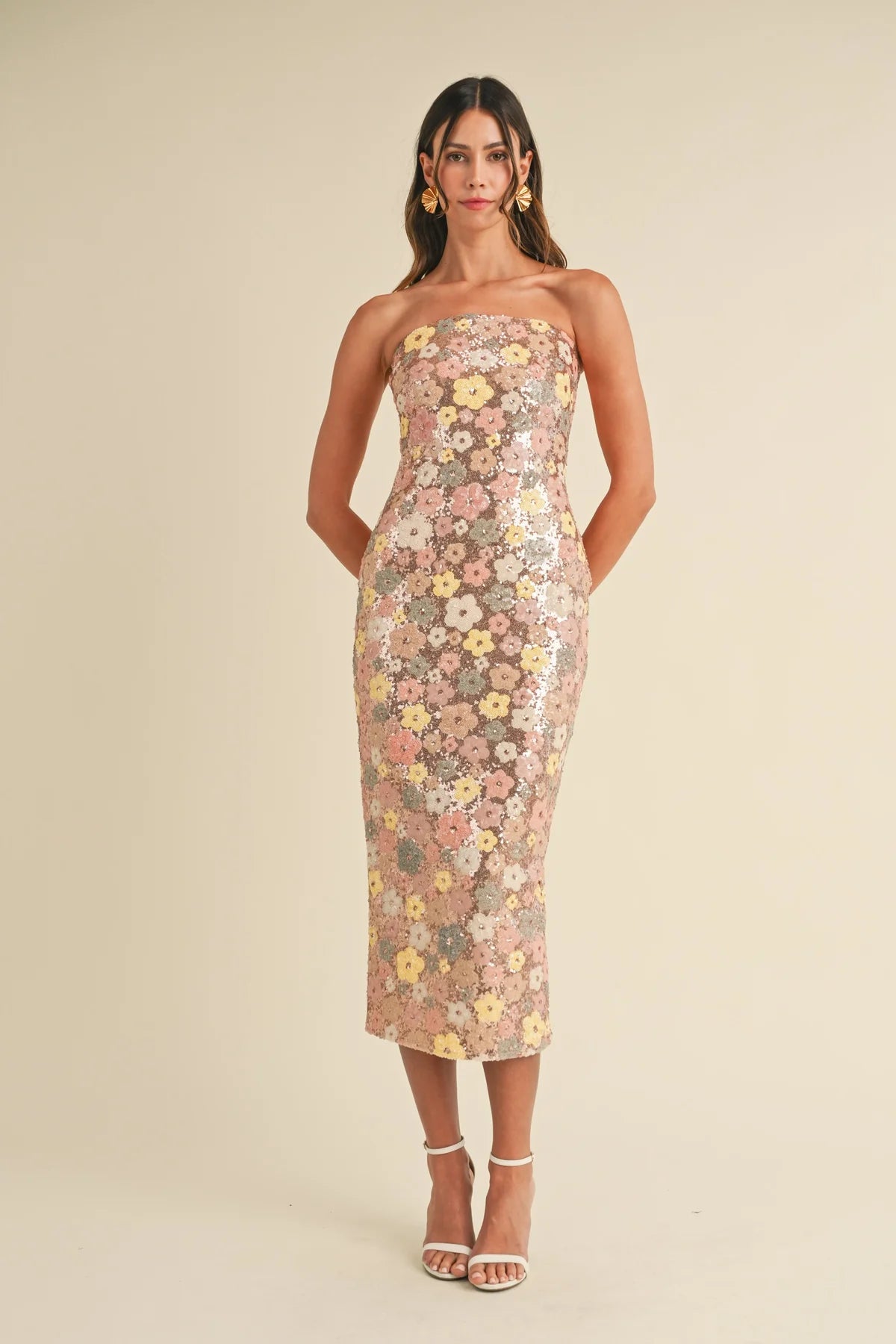 Miya sequin strapless midi dress