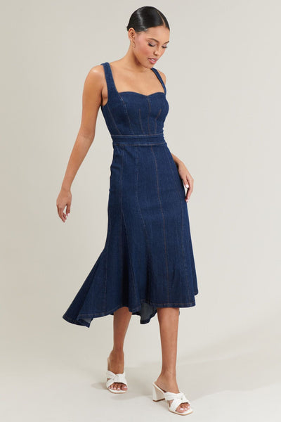 Sweetheart corse denim midi dress