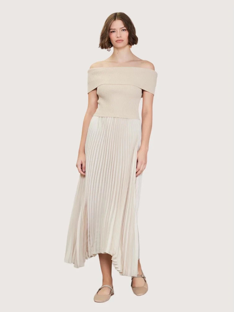 Bernie off shoulder pleated dress in natural