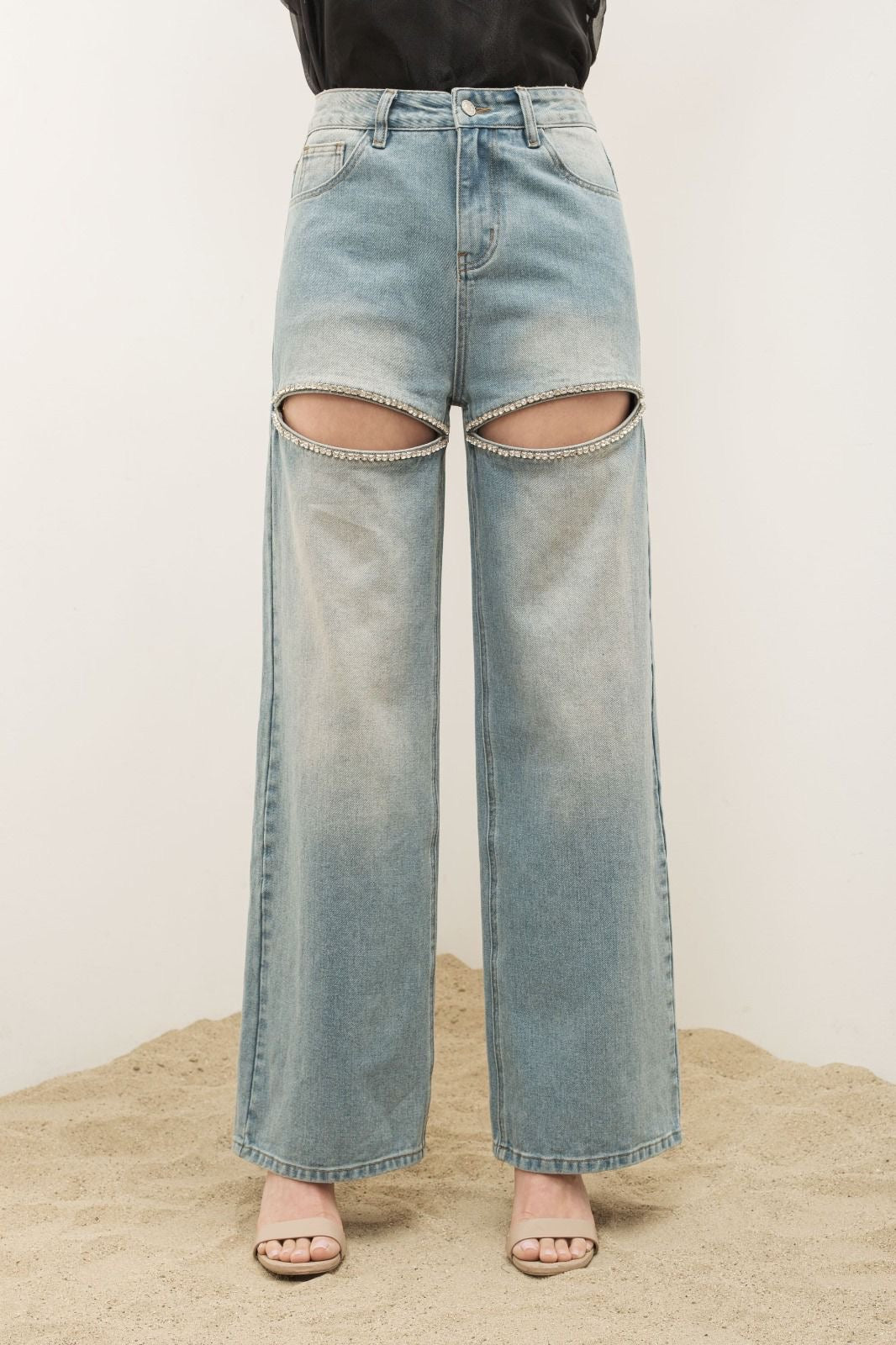 Crystal slit straight leg jeans