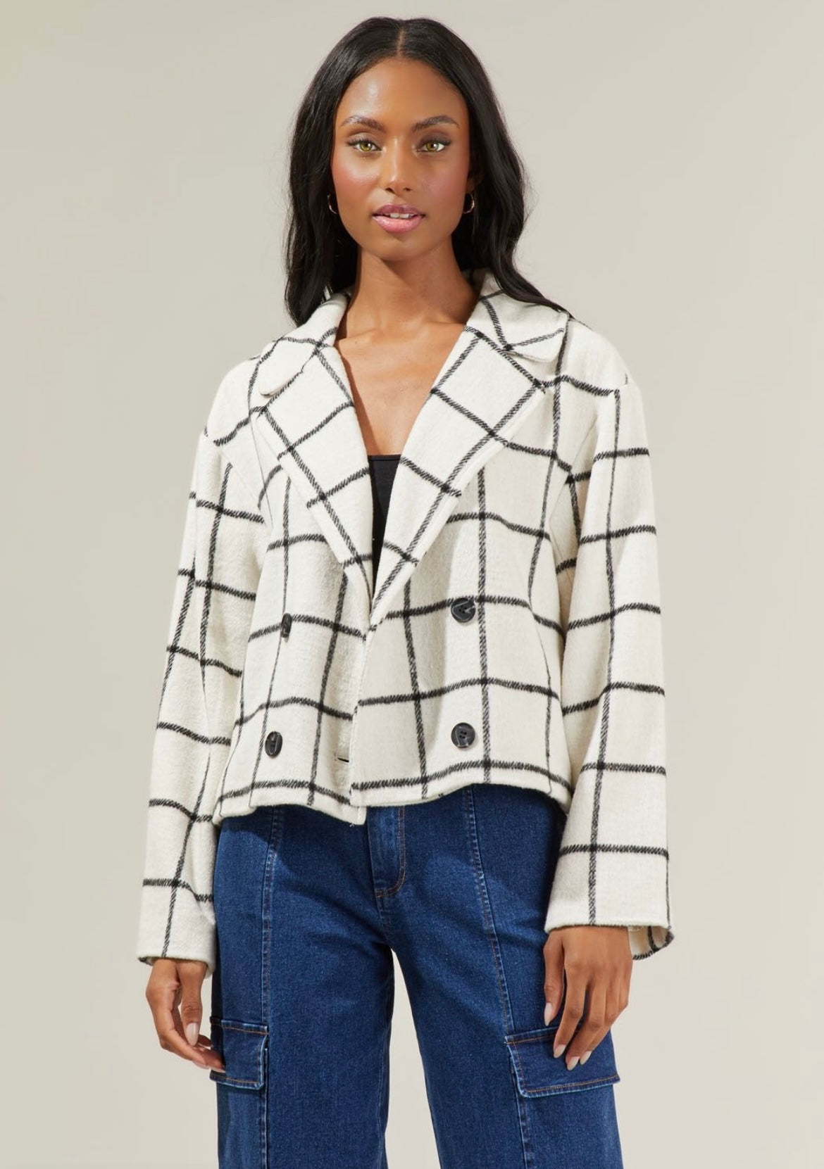 Grid print jacket in cream and black