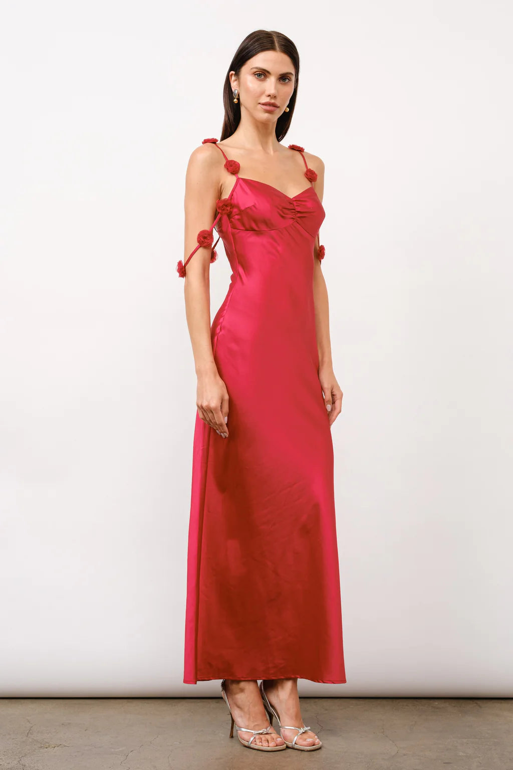 Rosette satin maxi dress