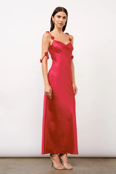 Rosette satin maxi dress