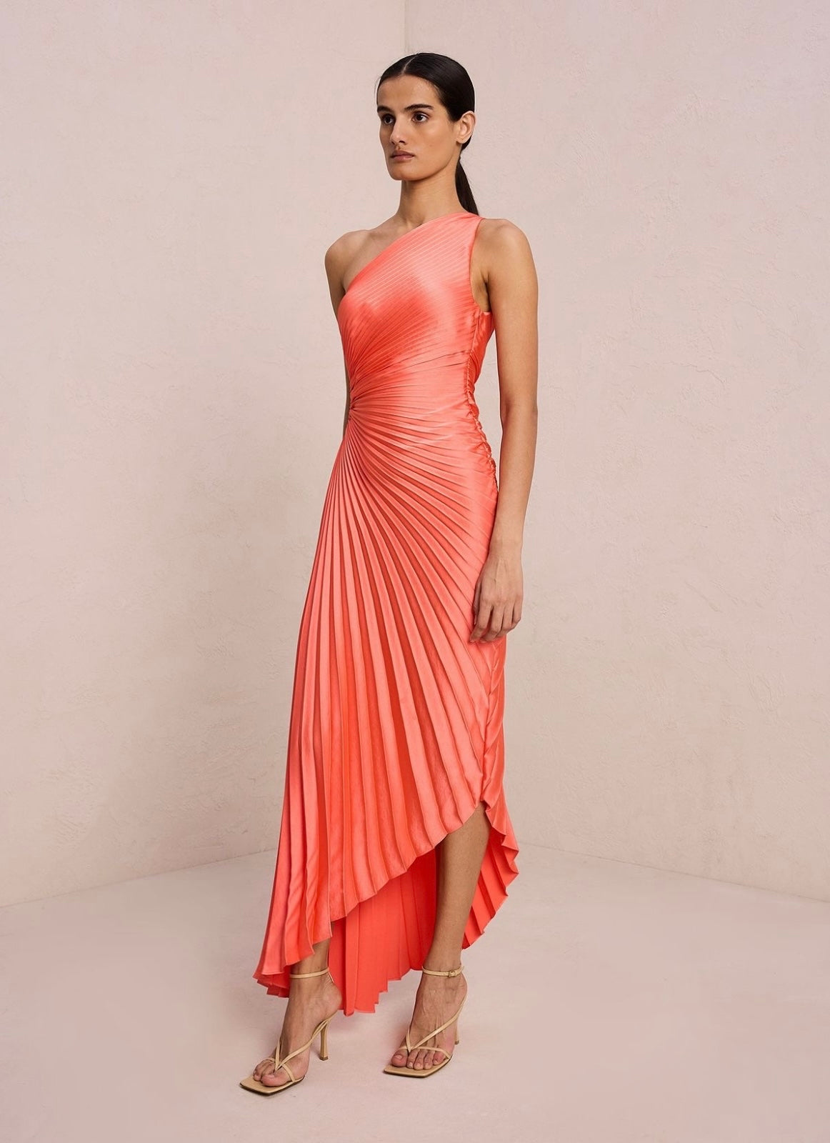 Delfina satin pleated dress in salmon