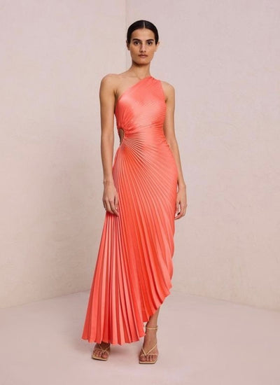 Delfina satin pleated dress in salmon