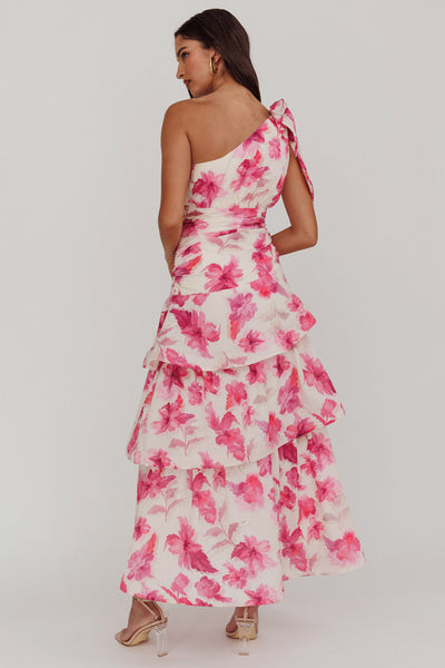 One shoulder floral tiered dress