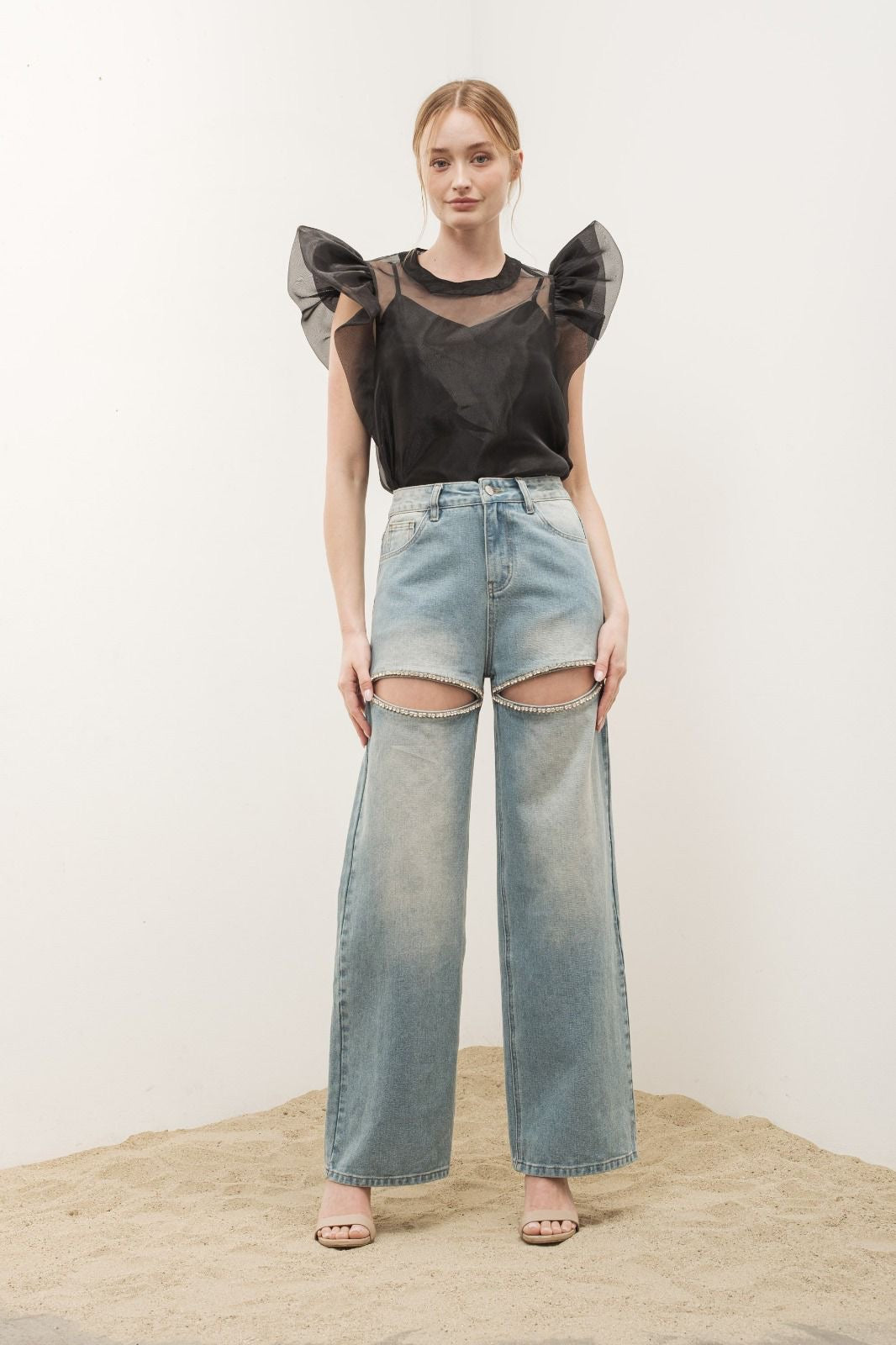 Crystal slit straight leg jeans