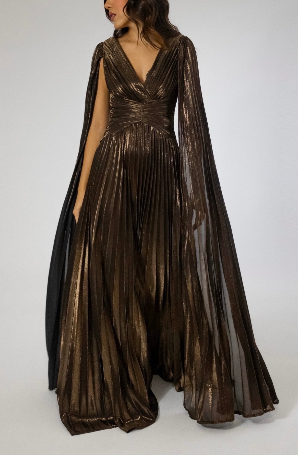 Clarisse pleated bronze gown