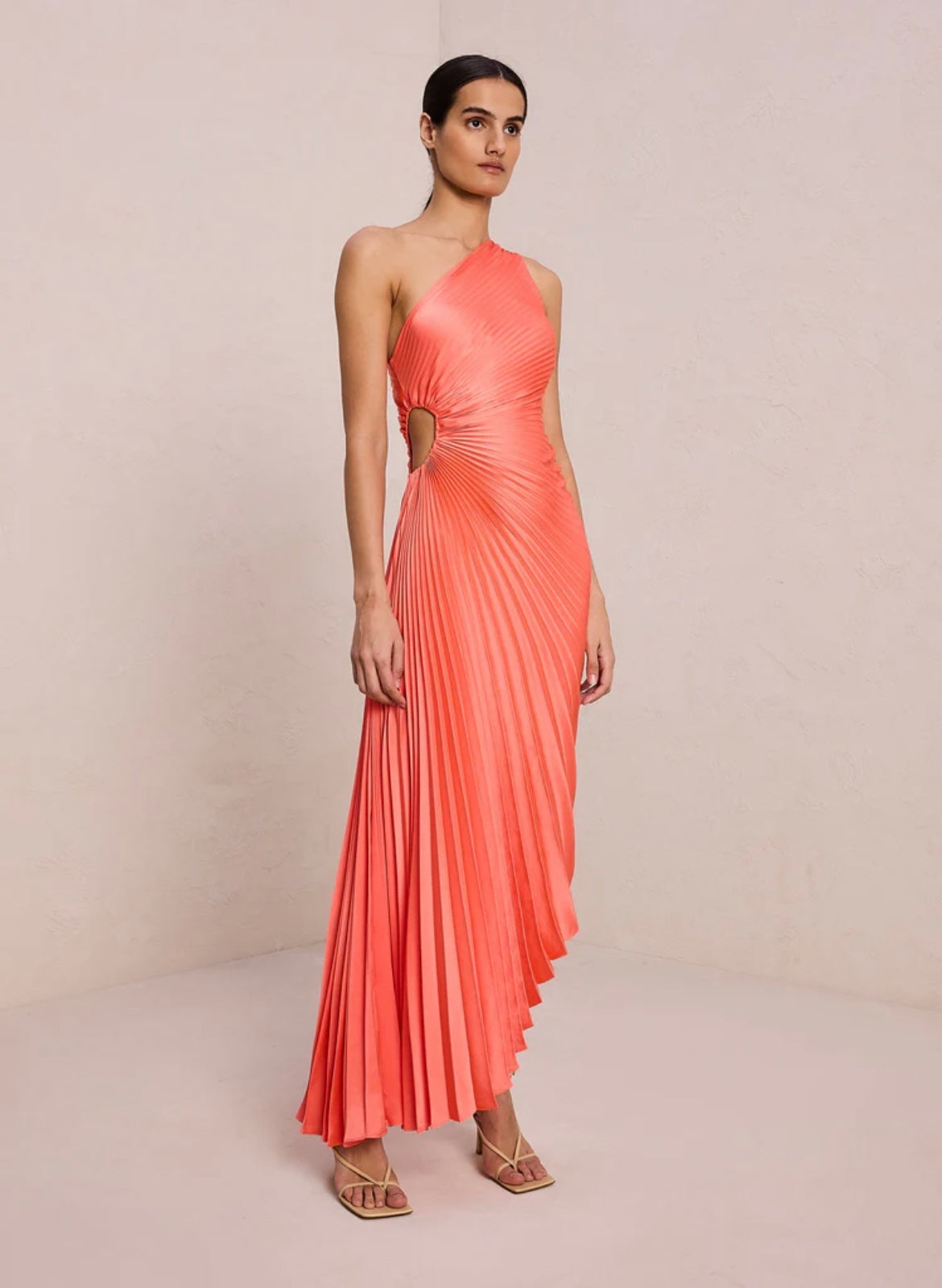 Delfina satin pleated dress in salmon