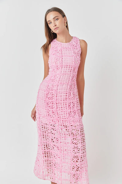 Sleeveless textured midi dress in barbie pink