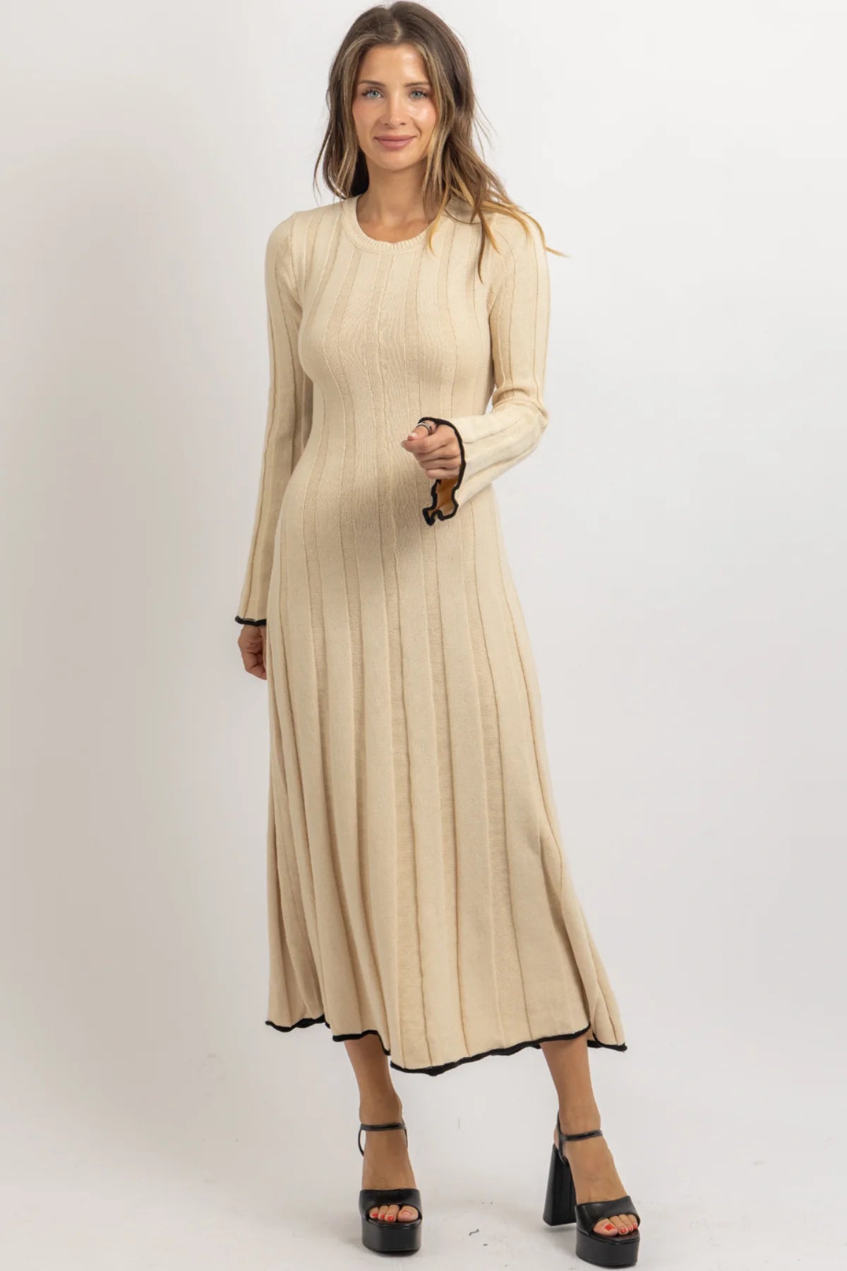 Lena beige contrast bow dress