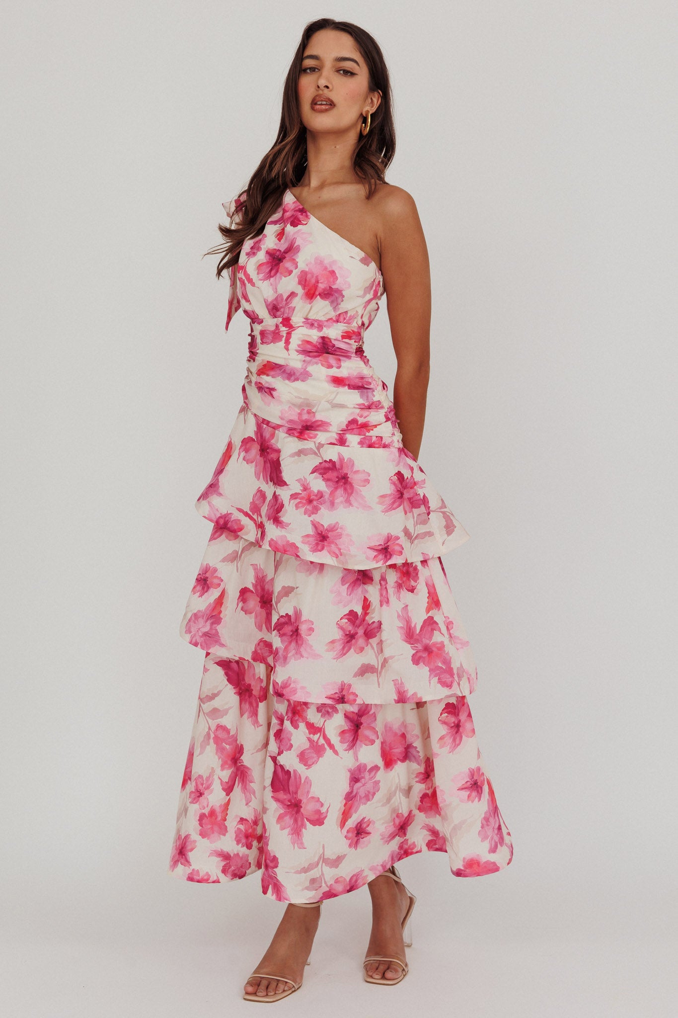 One shoulder floral tiered dress