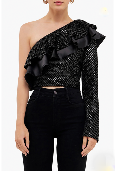 One shoulder ruffle sequin top