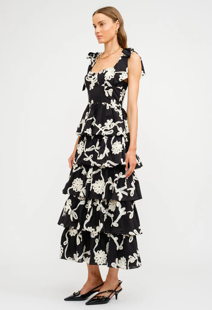 Embroidered tiered midi dress