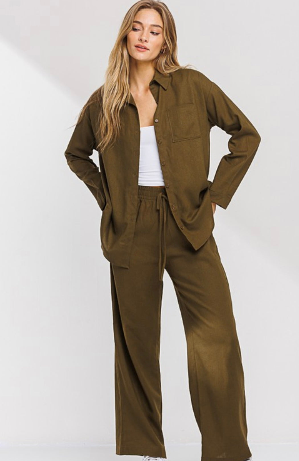 Marlo long sleeve linen set in olive