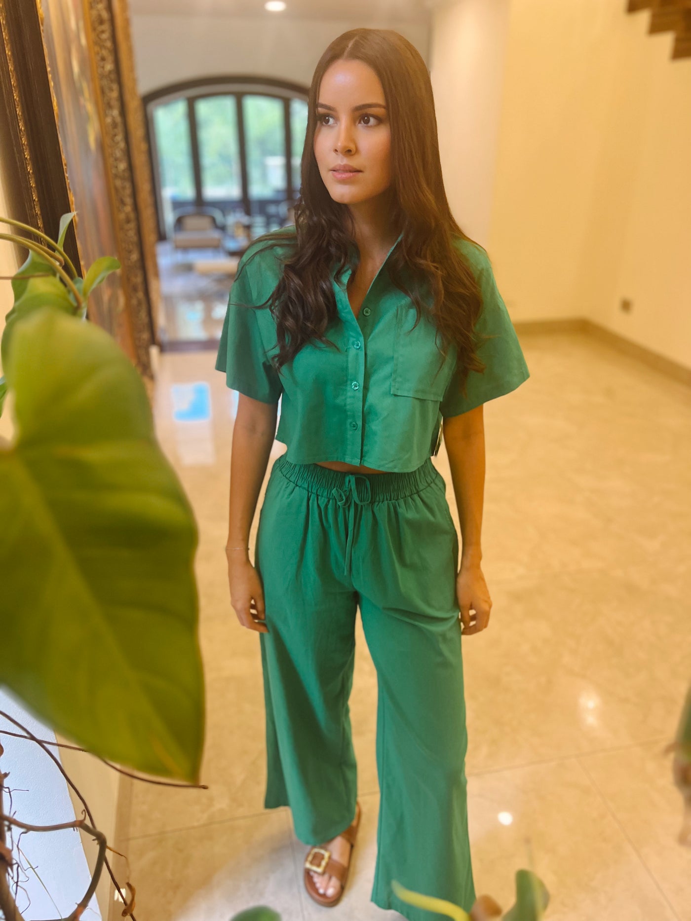 Marlo linen pant set in emerald