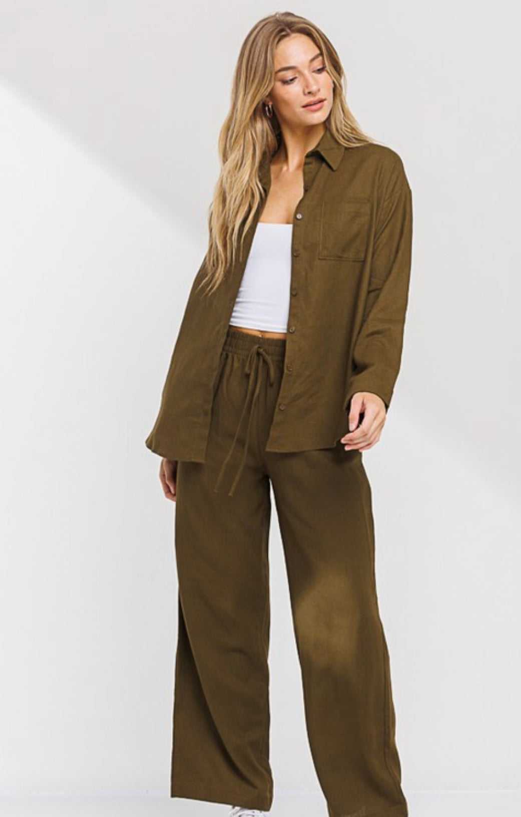 Marlo long sleeve linen set in olive