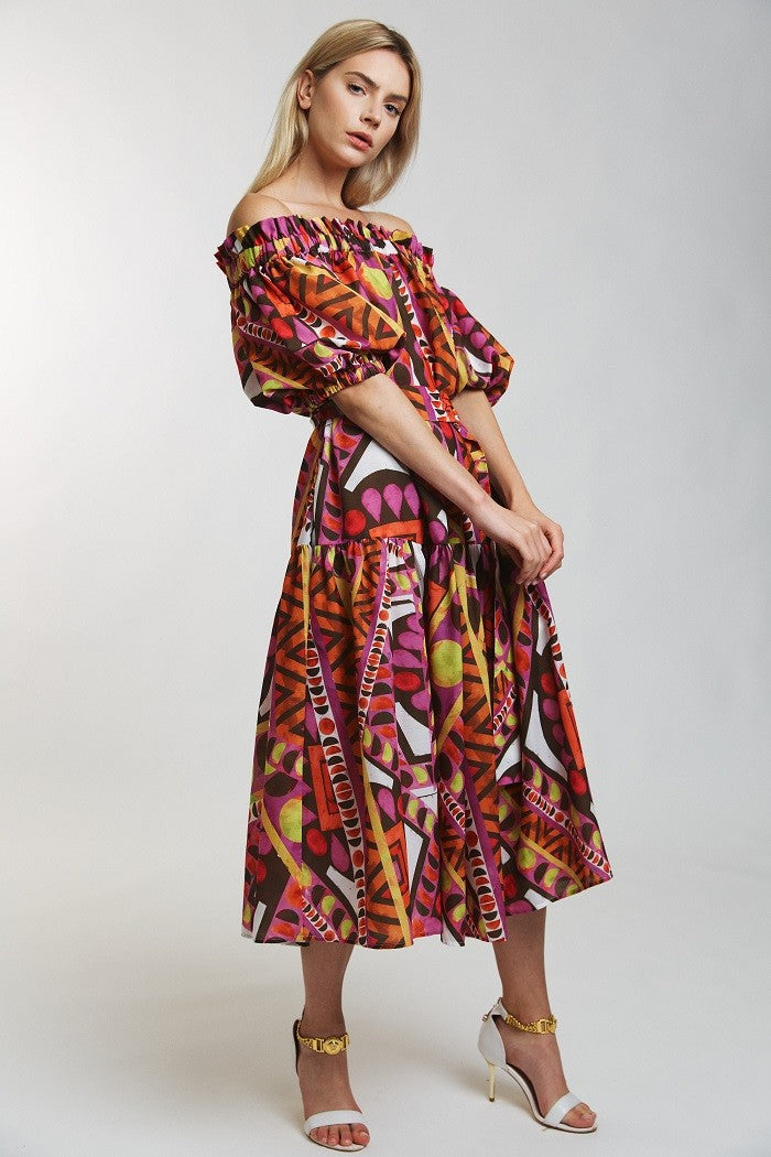 Tribal printed off shoulder dress