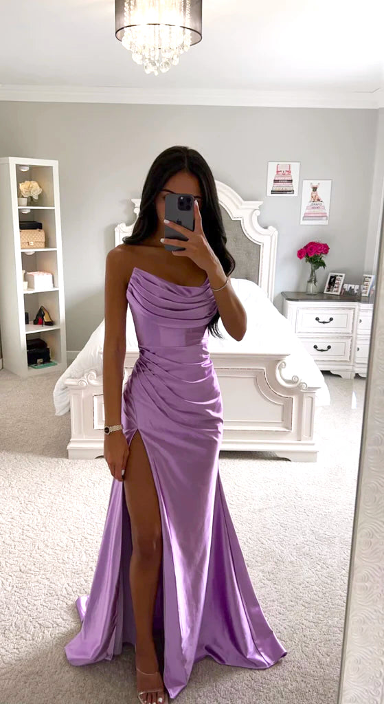 Nicola asymmetrical satin gown in lavender