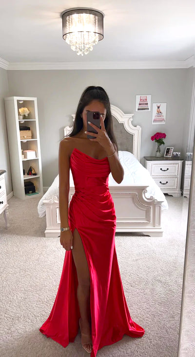 Nicola asymmetrical satin gown in red